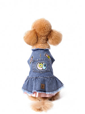 Pembe Etekli Orta Kar Yıkama Denim Köpek Elbisesi “Love”