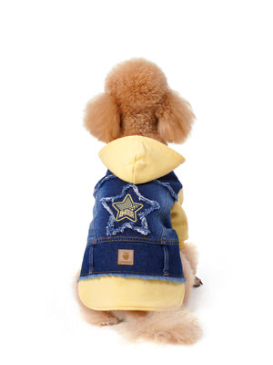 Açık Sarı Kapüşonlu Koyu Yıkama Denim Köpek Ceketi