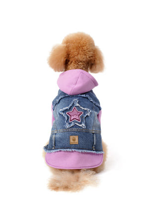 Açık Mor Kapüşonlu Orta Kar Yıkama Denim Köpek Ceketi