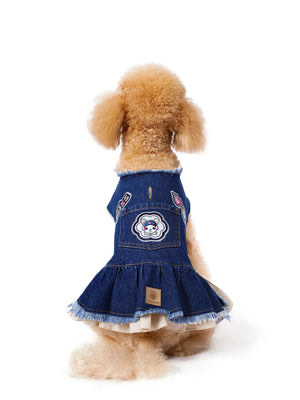 Bej Etekli Koyu Yıkama Denim Köpek Elbisesi “Kiss”