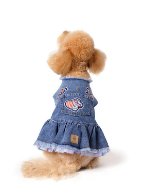 Mavi Etekli Koyu Kar Yıkama Denim Köpek Elbisesi “Girls”